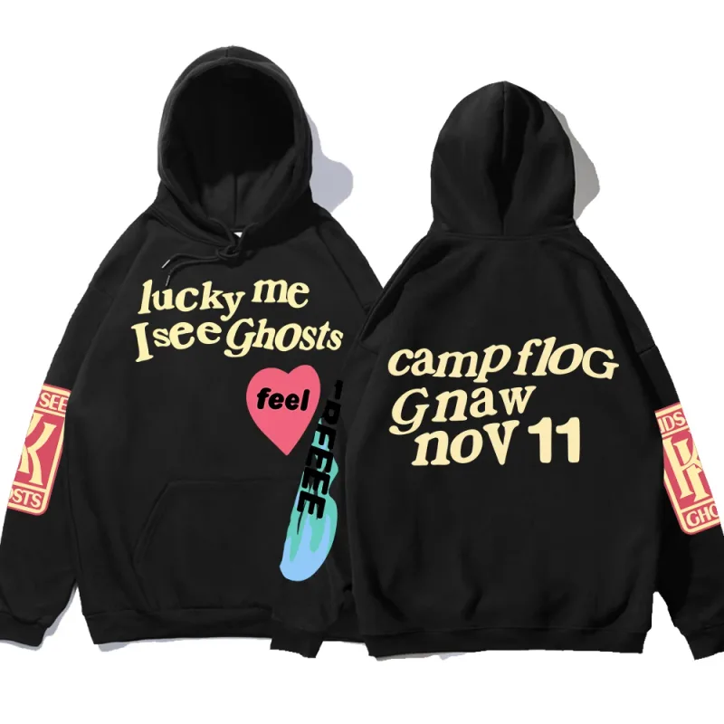 Moletom com capuz solto estampado com grafite Kanye Moletom masculino oversized Luck Me I See Ghosts Camisola com capuz Unissex Camisola com capuz — image 6