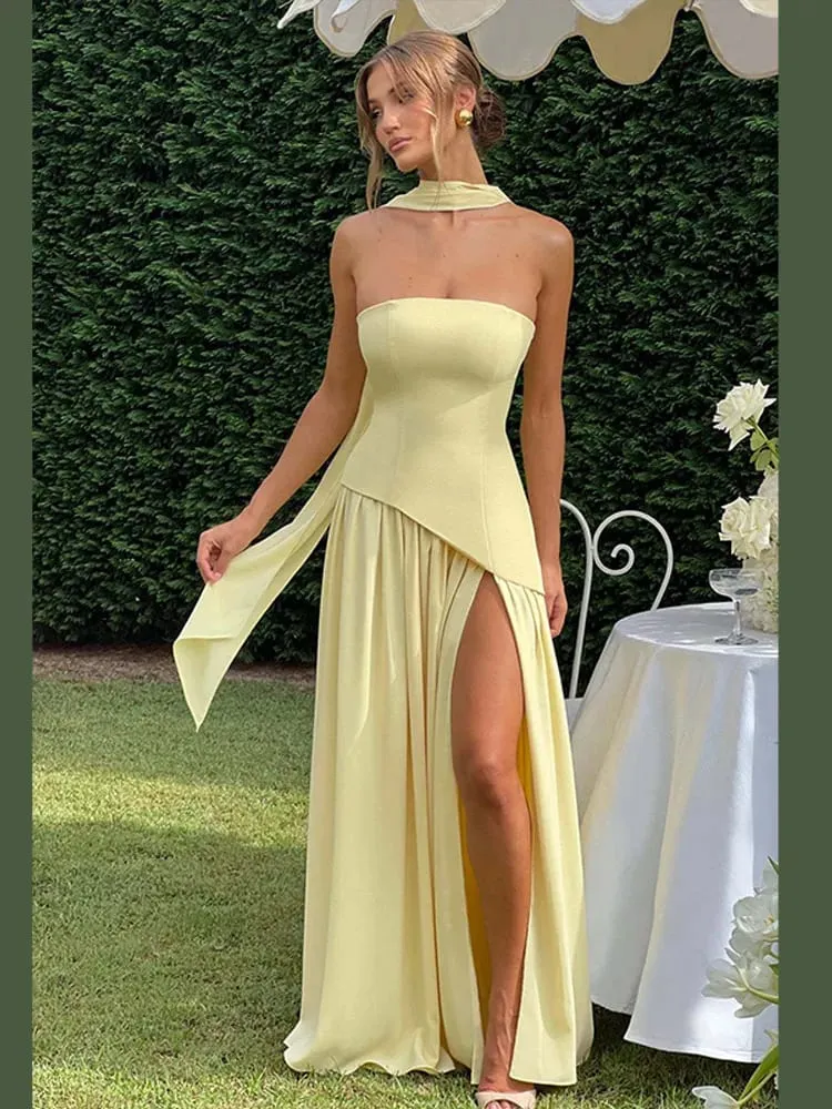 Solid Spliced Ribbon Maxi Dress Women Elegant Strapless Sleeveless Slit Long Dresses 2025 New Summer Holiday Party Lady Vestidos — image 2