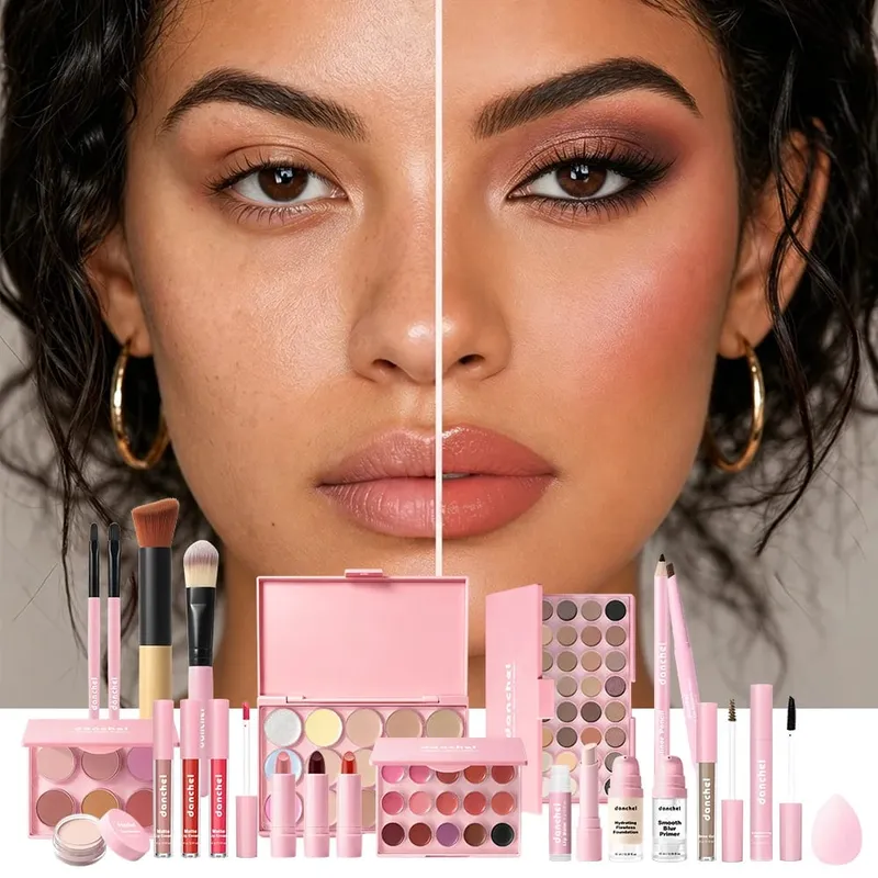 Beginner Friendly All In One Makeup Set Lipstick Palette Eyeshadow Palette 2Pcs Professional Makeup Brushes Face Cosmetic Kit
