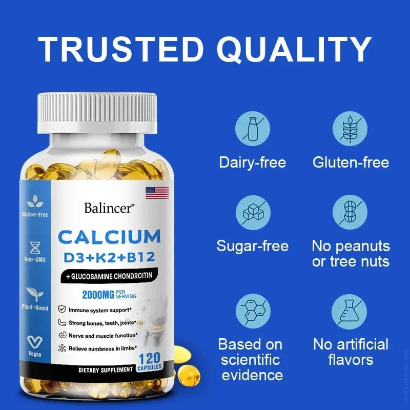 Balincer ויטמין D3+K2+B12 2000 מ"ג כמוסות לתמיכת עצם חיסונית וסידן 120 כמוסות ללא GMO