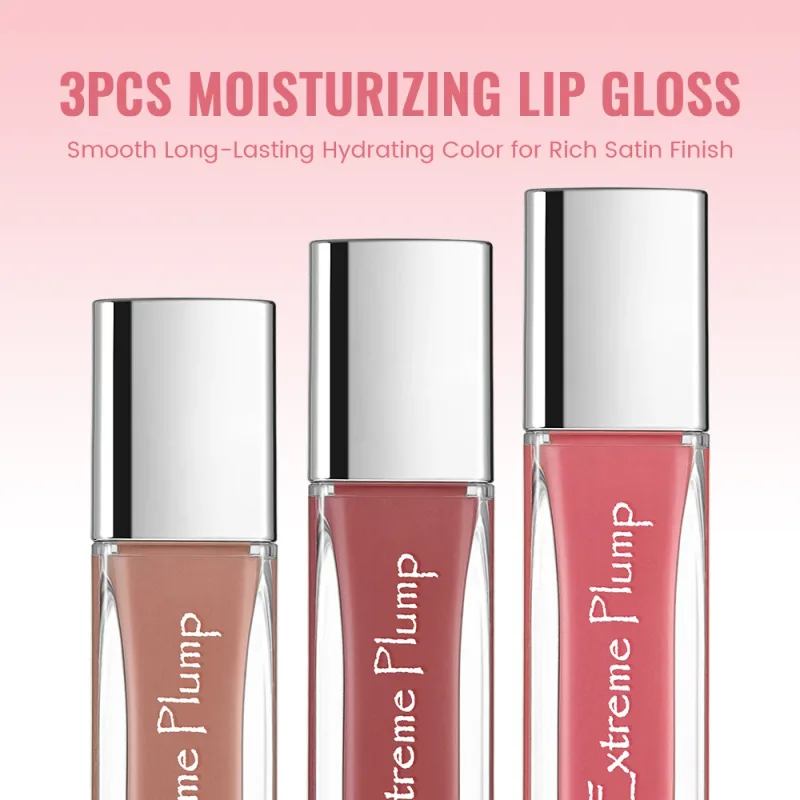 3 τμχ Extreme Plump Lip Gloss Set Mirror Glass Finish Μεγάλης διάρκειας Ενυδατικό Lip Glaze Μη κολλώδες αδιάβροχο Nude Liquid Lipstick