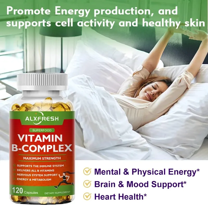 B-komplex vitamin-kiegészítők (B12 B1 B2 B3 B5 B6 B9 folsav és biotin) a stressz enyhítésére, hangulatra, immunrendszert támogató kapszula — image 4