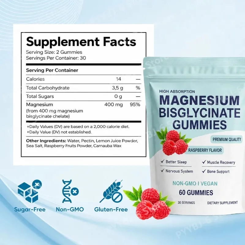 Bisglycinate Magnesium Gummies Chelated Magnesium Daily Mineral Support Vegan Raspberry Flavor Non-GMO Free Gluten 60 Count