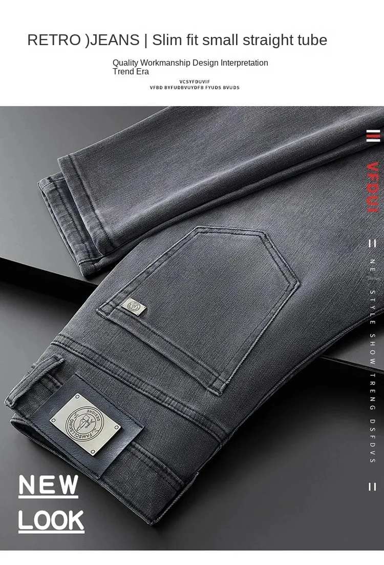 Light Luxury Gray Jeans for Men 2024Autumn and Winter Simplicity Fashionable All-Match Slim-Fit Stretch Casual High-End Trousers