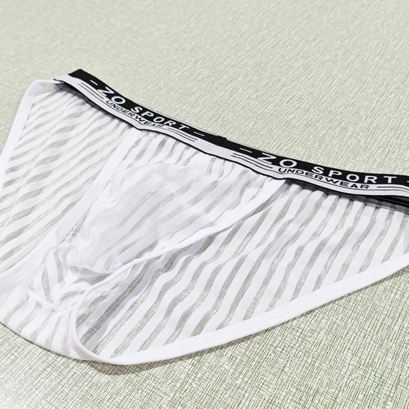 Striped Men's High Slit Sexy Pouch Underwear Ice Silk See Through Comfortable Male Triangle Briefs Man Underclothes