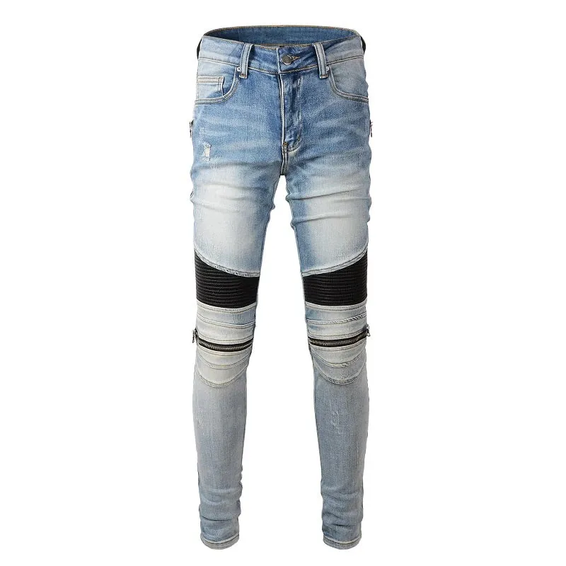 Sokotoo férfi PU bőr patchwork motoros farmer cipzárok Retro világoskék sztreccs farmer karcsú nadrágok