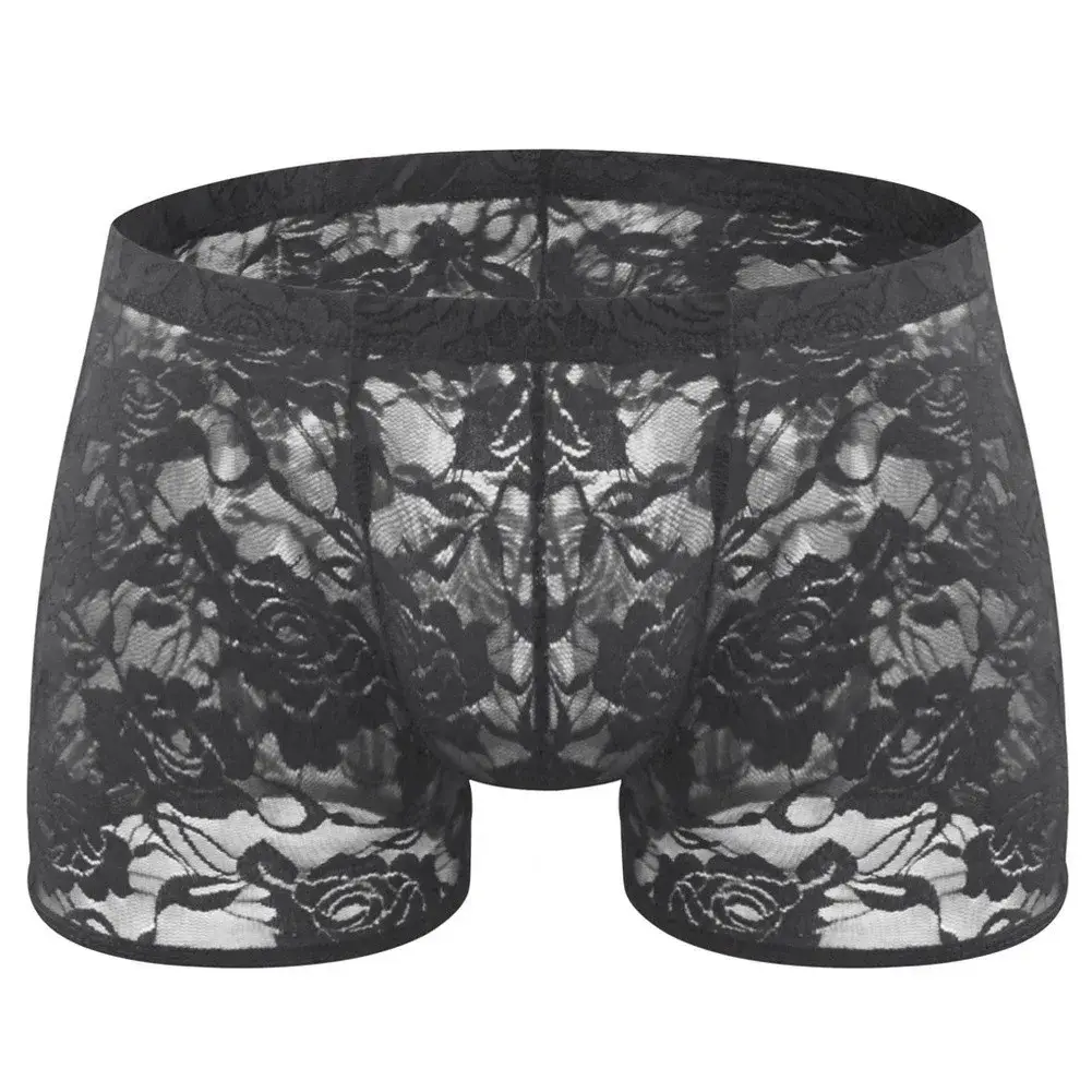 Men See Through Lace Boxer Shorts Bulge Pouch Low Waist Underwear Solid Panties Elastic Waist Breathable Transparent Underwear — image 7