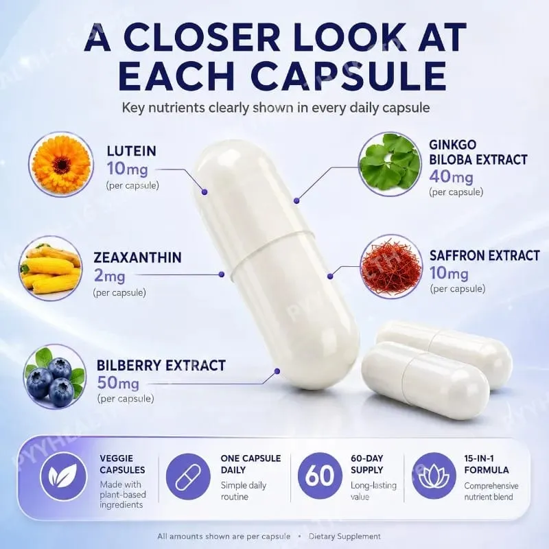 Premium 15-in-1 Advanced Eye Formula with Lutein Zeaxanthin Astaxanthin Bilberry & Saffron Supports Eye Wellness 60 Capsules