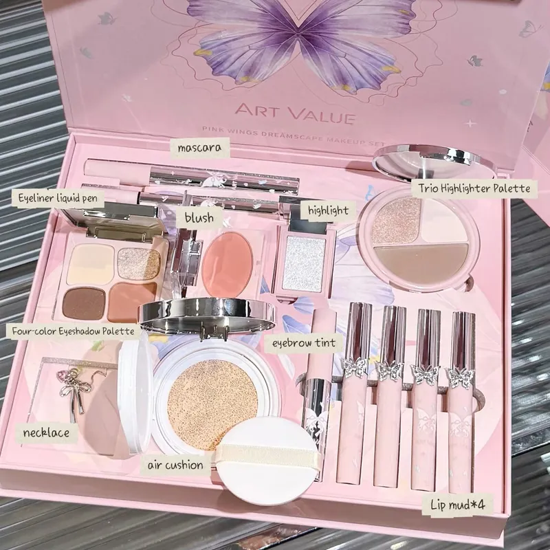 Πολυτελές σετ μακιγιάζ Pink Butterfly Cosmetic Kit Eyeshadow Palette Lip Tint Blush Mascara Eyeliner Highlighter Beauty Makeup Δώρο
