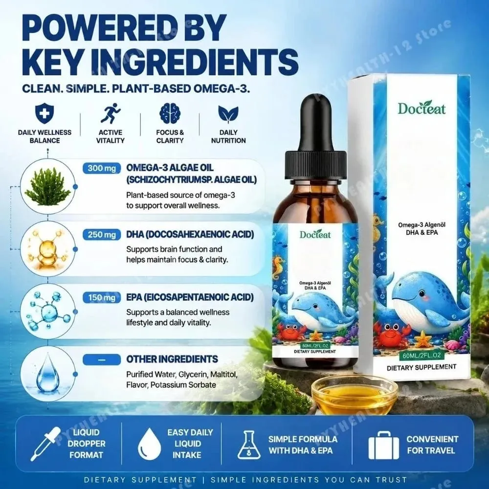 Docteat növényi alapú omega-3 algaolaj DHA EPA folyékony cseppek gyerekeknek agy egészsége Vegán, nem GMO-mentes napi táplálkozás narancs 60 adag