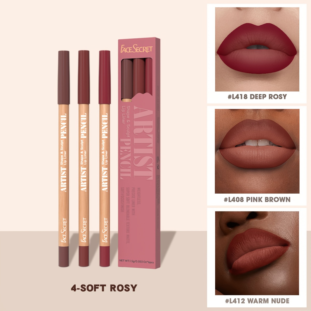 Face Secret 3 τμχ Σετ Nude Lip Liner Φυσικό ματ μακράς διαρκείας αδιάβροχο μακιγιάζ με μολύβι χειλιών με γάντζο γραμμής υψηλής χρωστικής