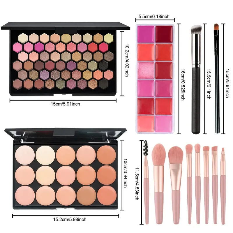 6 Buah Kit Rias 54 Warna Palet Eyeshadow 15 Warna Palet Concealer 12 Warna Lip Gloss dengan 9 Buah Kuas Kuas Bibir Set Lengkap