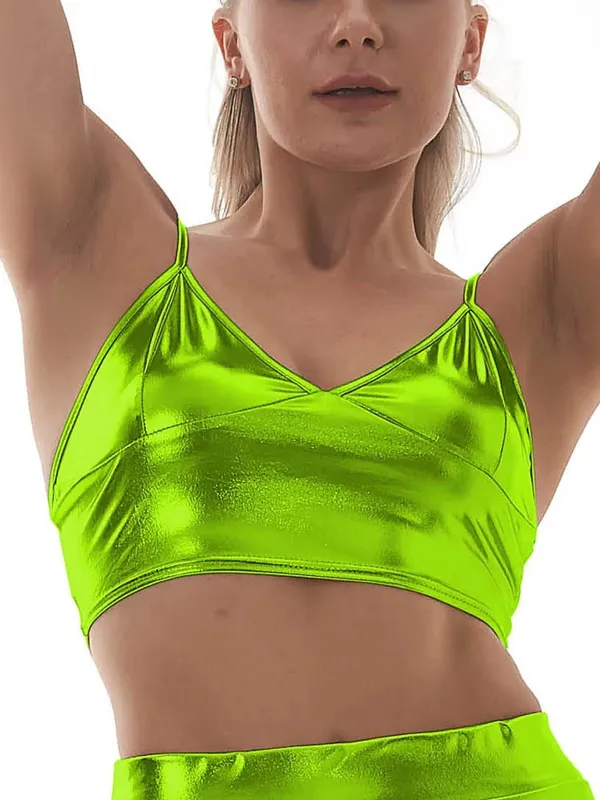 Γυναικείο Holographic V λαιμόκοψη Μεταλλικό φανελάκι Bustier Spaghetti λουράκι Crop στενό αμάνικο φανελάκι Cami — image 14