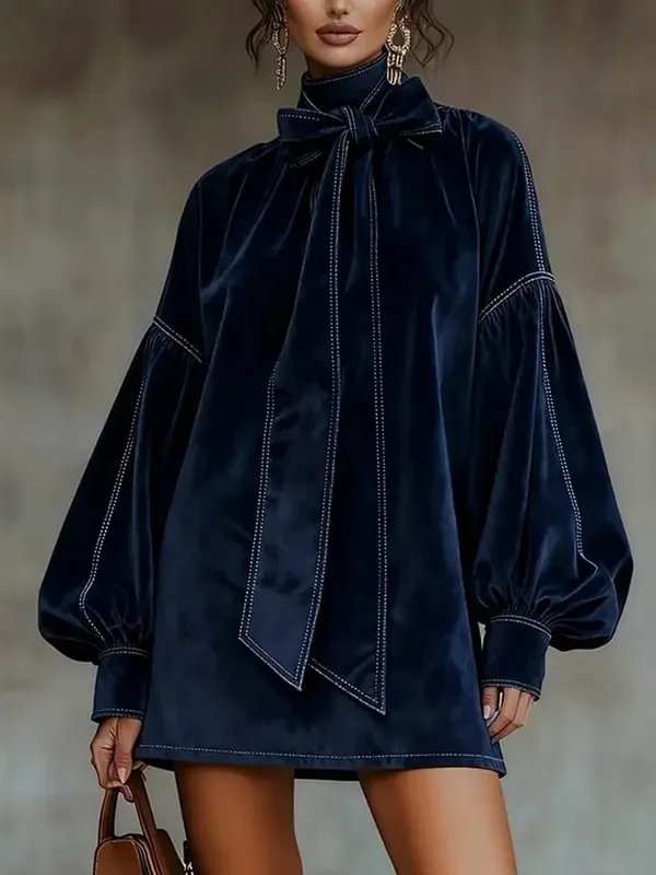 Amerikai retro magas gallérú lámpás ujjú hosszú ujjú csokornyakkendő elegáns bársony női mini ruhák alkalmi őszi High Street ruha