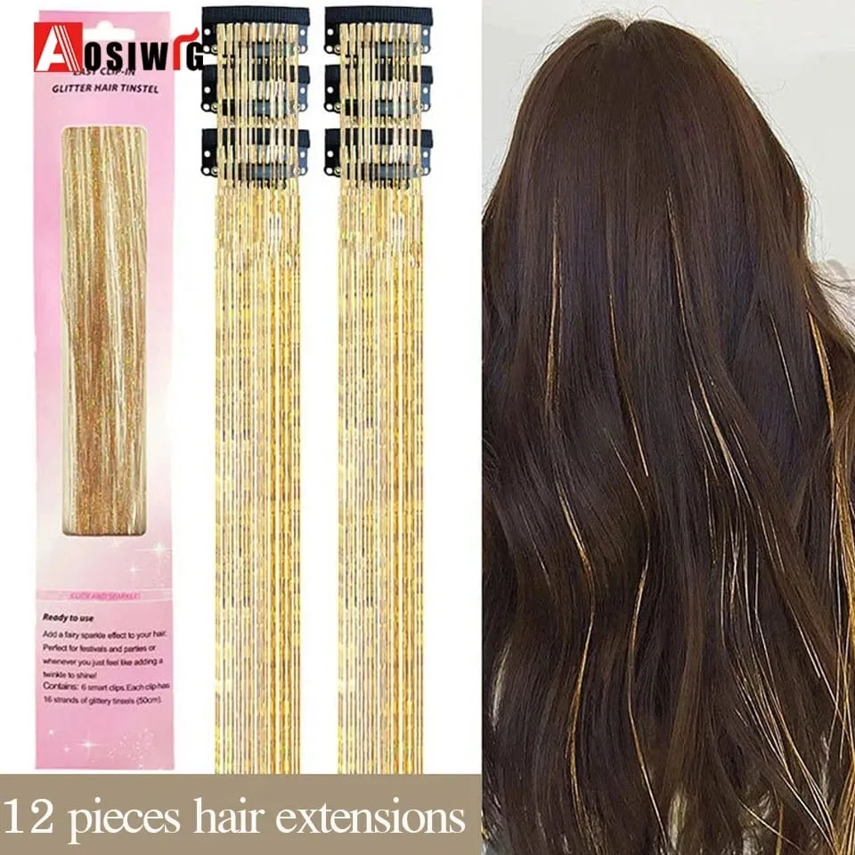 12Pcs/Pack Sparkle Blonde Hair Extensions Clip In Rainbow Shiny Sparkle Hair Tinsel Heat Resistant Sparkle Hair Extensions For W — image 2
