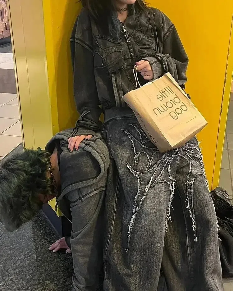 Vintage Y2K Baggy Jeans Splicing hímzés Mintás kiváló minőségű farmer Hip Hop Gothic Streetwear férfi női Alkalmi széles szárú farmer