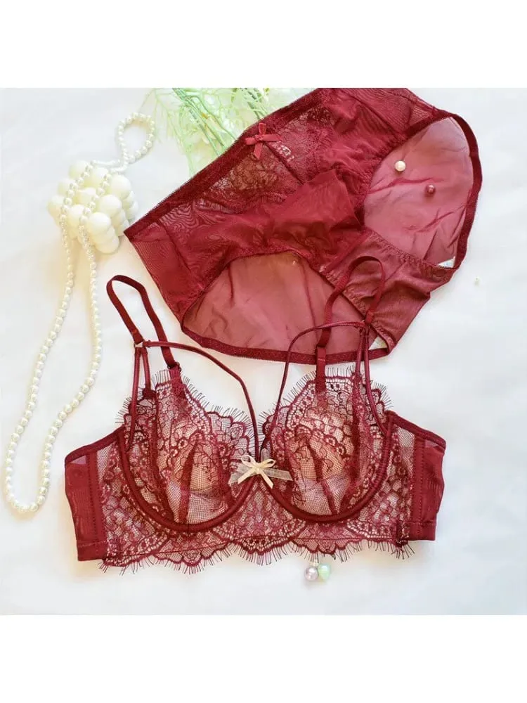 Κορεάτικο Hot Trend Pure Desire Δαντελένιο Σετ σουτιέν Underwire Thin Cup Push Up Μεγάλο Μπούστο Οπτικά Μικρό Anti Droop Εσώρουχα 32-38 Hot
