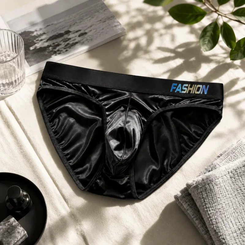 Underwear Men's Triangle Panties Low Waist Ultra Smooth Satin Silky Briefs Lingerie Gradient Letter Glossy Underpants Daily Wear