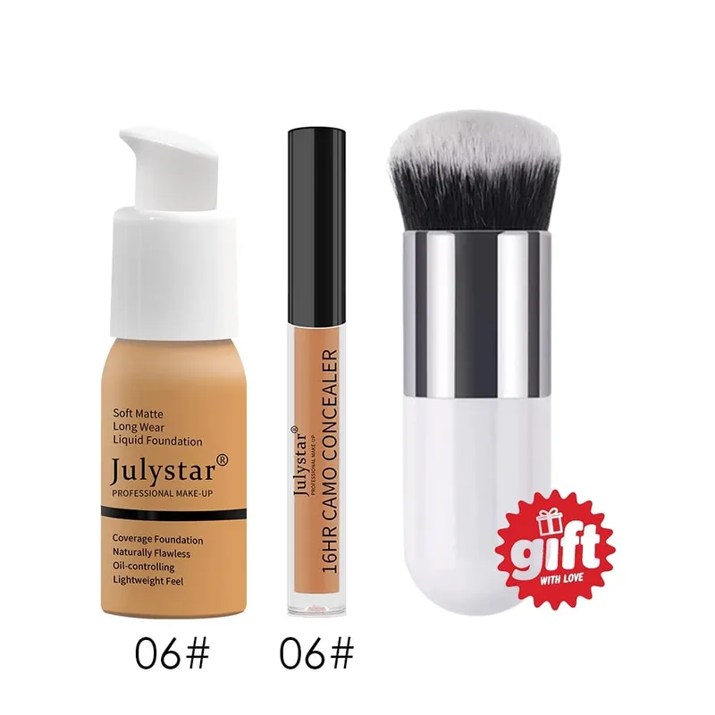 3‑Pc Base Makeup Kit Foundation&Concealer Free Brush. Matte 16H Oil‑Control Lightweight Full-Coverage para sa Natural na Pang-araw-araw na Mukha