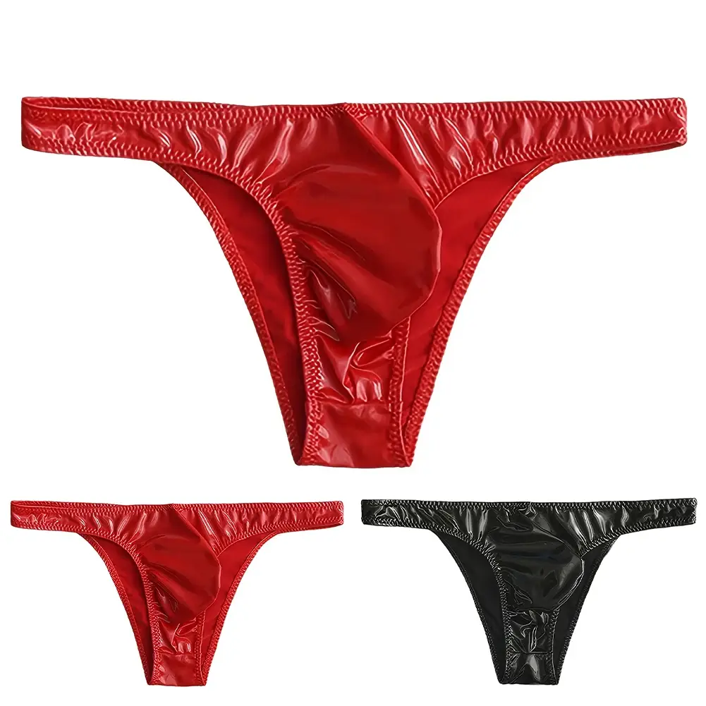 1pc Men Glossy Faux Leather Briefs Bulge Pouch Wide Waist Low Rise Underwear Erotic Lingerie Half-exposed Butt Gay Sissy Briefs — image 12