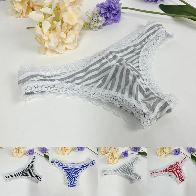 Men Lace Trim Striped G-string Underwear Half-covered Butt Low-rise Pantie Thong Half Hip Men Briefs Mens Sexy Underwear