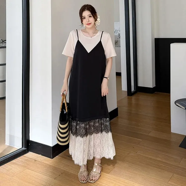 Νέα καλοκαιρινά γυναικεία φορέματα 2026 Loose Plus Size Συνονθύλευμα δαντέλα Vestidos Fake δύο τεμαχίων γυναικείο μπλουζάκι φόρεμα ρόμπα KE6690