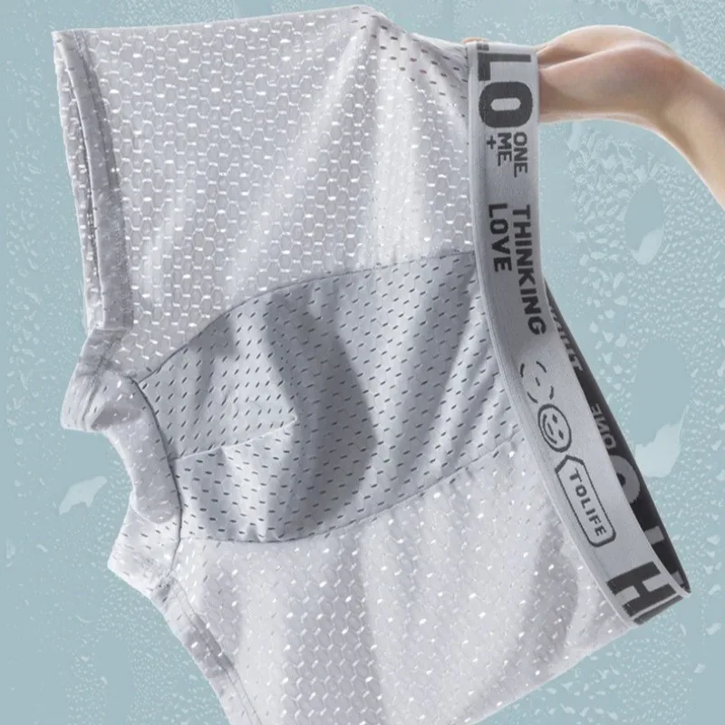 6 adet Mesh Buz Ipek Boks Şort erkek iç çamaşırı Nefes Alabilir Seksi Slim Fit ve Dikişsiz Düz Köşe Pantolon Büyük Boy