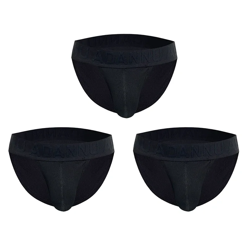 Men's Cotton Ribbed Skin-Friendly Bare Feel Convex Pouch Briefs, Embossed Letter Wide Waistband Slim Fit Underwear