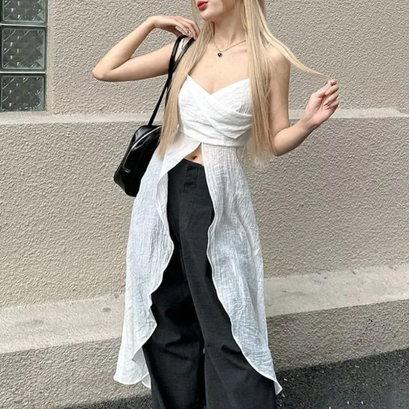 Xingqing y2k Camisole Top Γυναικεία Ρούχα Μονόχρωμα V λαιμόκοψη λουράκι Αμάνικο σχίσιμο μπλουζάκι μπλουζάκι Τάνκ 2000s Streetwear — image 4