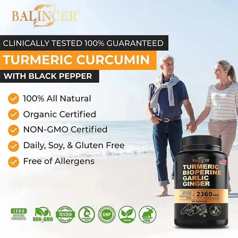 Turmeric Curcumin Capsules - Ginger Garlic & Black Pepper Natural Antioxidant for Joint Mobility Digestive & Immune Wellness