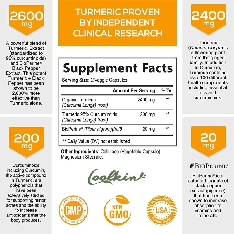 Curcumin Supplement with Black Pepper 2600 Mg Contains 95% Curcumin Enhanced Absorption Joint Support Supplement