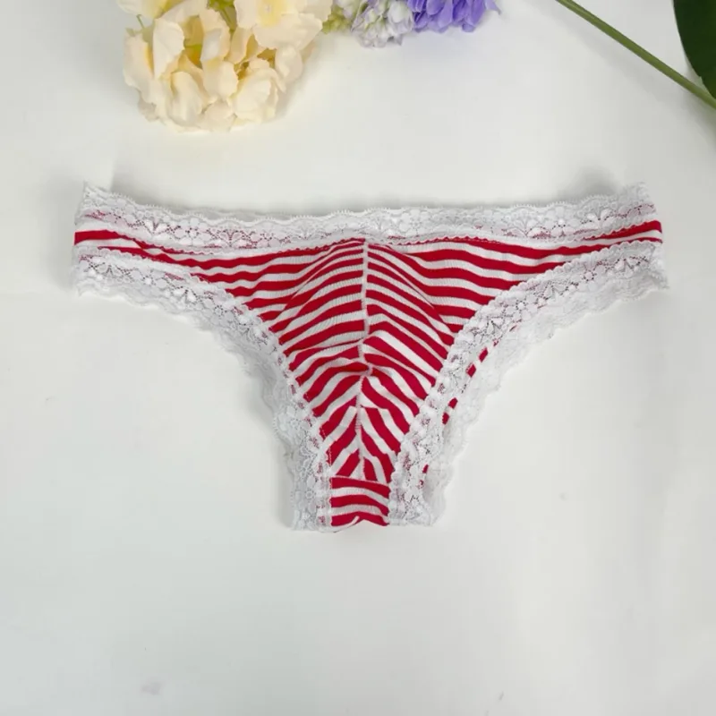 Men Lace Trim Striped G-string Underwear Half-covered Butt Low-rise Pantie Thong Half Hip Men Briefs Mens Sexy Underwear