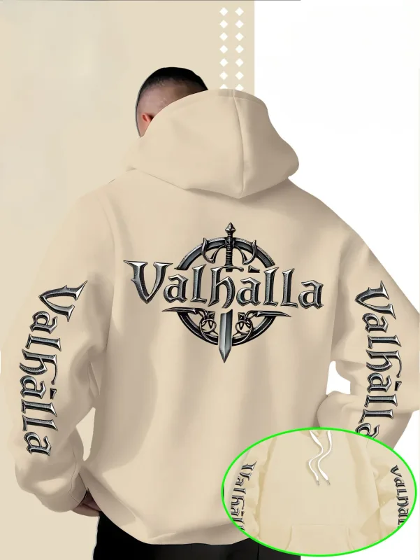 Moletom com capuz estampado com logotipo em forma de espada Viking Valhalla estilo rua para homens, adequado para outono e inverno. — image 2