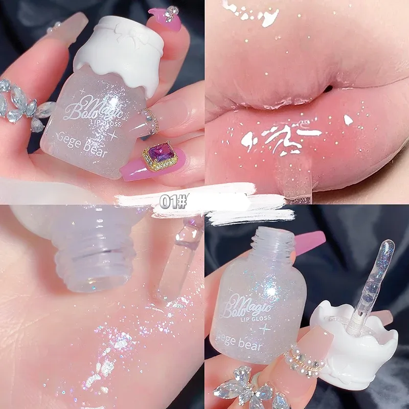 Gege Bear Butterfly Knot Lip Gloss לחות לחות מראה ברק נוצץ Non-Stick Cup שפתון איפור יופי