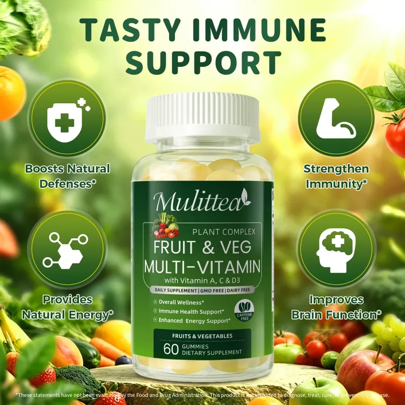 Mulittea Natural Vegetable & Fruit Gummies Anti-Constipation Detox Daily Fruit Help Digestion Multiple Vitamins Supplement
