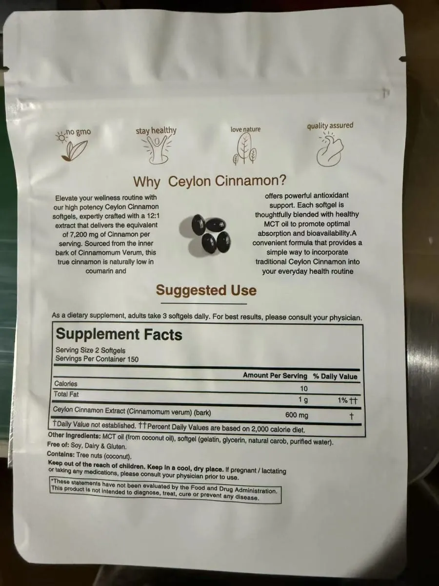 300pcs Ceylon Cinnamon Softgels Pure Ingredients Συμπλήρωμα Διατροφής για Ισορροπημένη Διατροφή Ανοσολογική Υποστήριξη Easy Digest — image 2