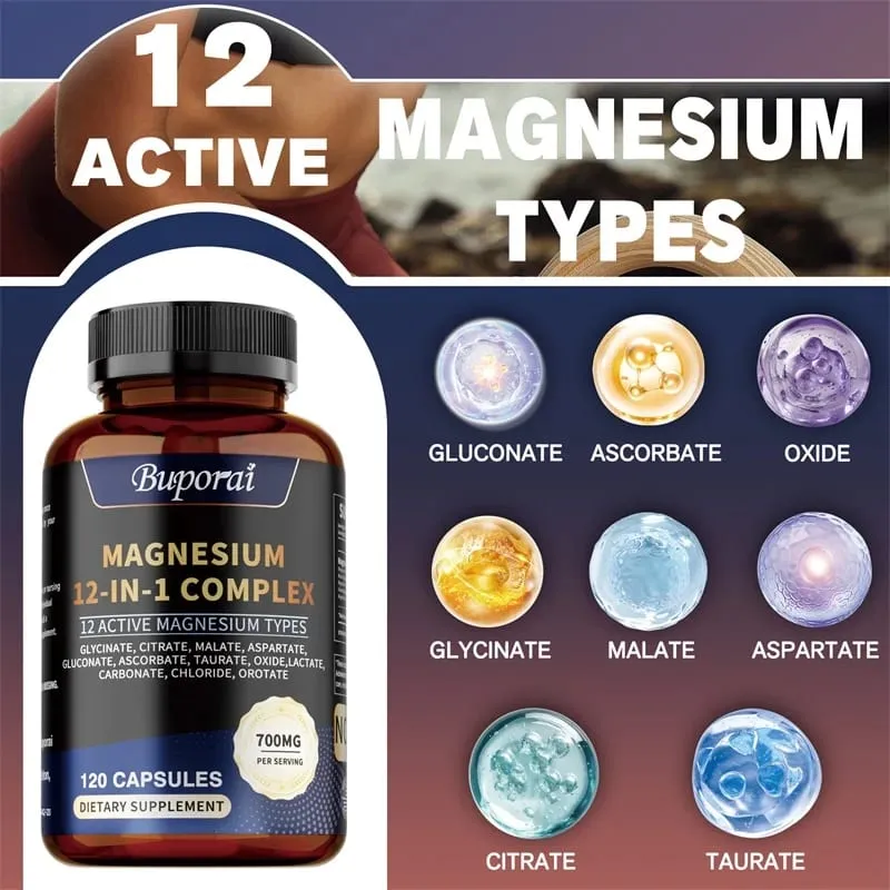 Complex Capsules Magnesium - Συμπλήρωμα για την υγεία των οστών και της καρδιάς Υποστήριξη ύπνου Μυϊκή χαλάρωση Ανακούφιση από στρες και άγχος