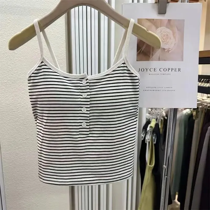 Integrated Stripe Women's Vest Inner Wear Outer Wear Button Fixed Cup No Bra Sports Top Short Style Cotton 100% Short Vest — image 12