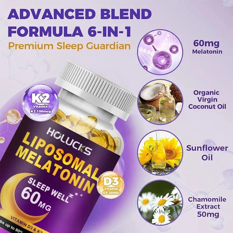 Melatonin 60mg with Vitamin D3 K2 Chamomile for Sound Sleep Cycle Immune & Antioxidant 150 Softgels Capsules