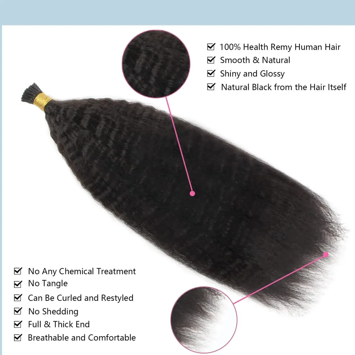 I Tip Hajhosszabbítók Kinky Straight Emberi Haj #1B Pre Bonded Remy Micro Links Emberi Hajhosszabbítások Natúr fekete 1g/szál