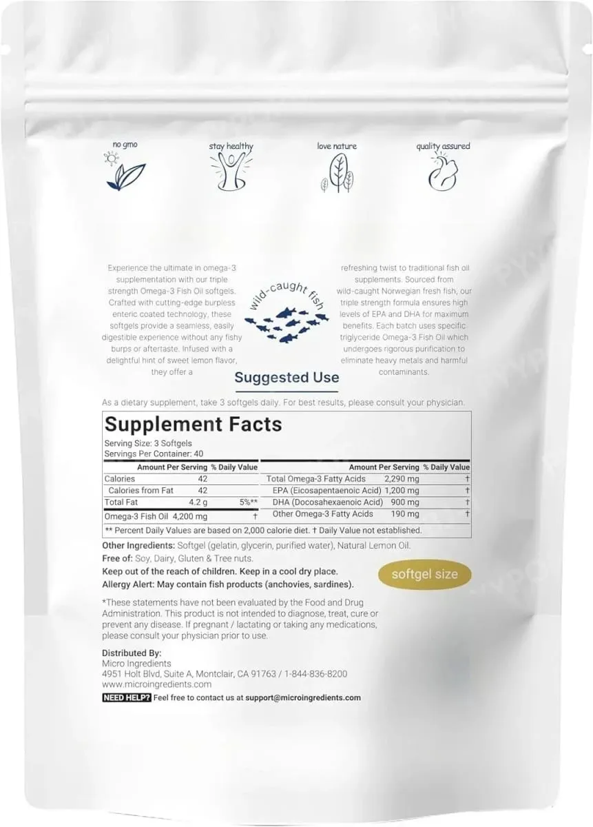 Συμπληρώματα Triple Strength Omega 3 Fish Oil 4200mg ανά μερίδα 120 μαλακές γέλη με γεύση λεμόνι Burpless EPA