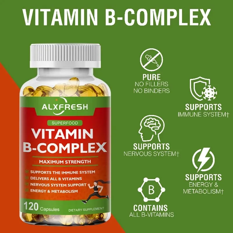 B-komplex vitamin-kiegészítők (B12 B1 B2 B3 B5 B6 B9 folsav és biotin) a stressz enyhítésére, hangulatra, immunrendszert támogató kapszula — image 2
