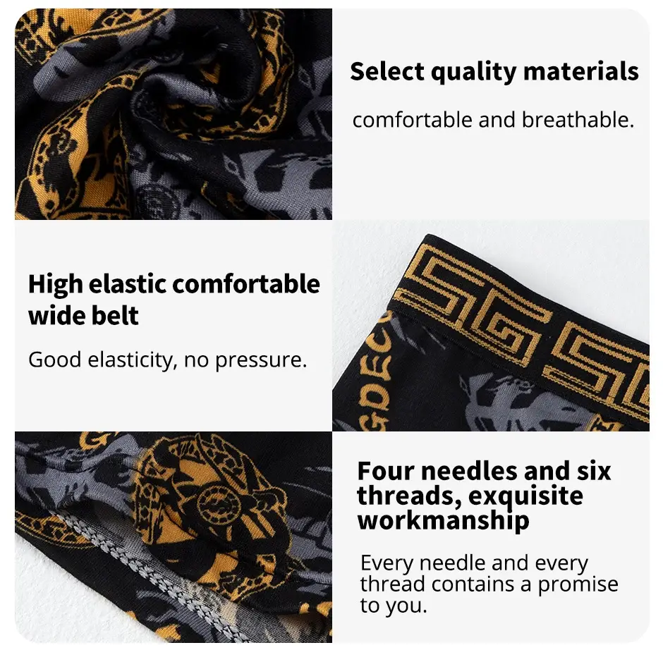 5-piece Set Of Black Gold Printed Men's Underwear Quick Drying Breathable Comfortable Elastic Casual Fashionable And Trendy
