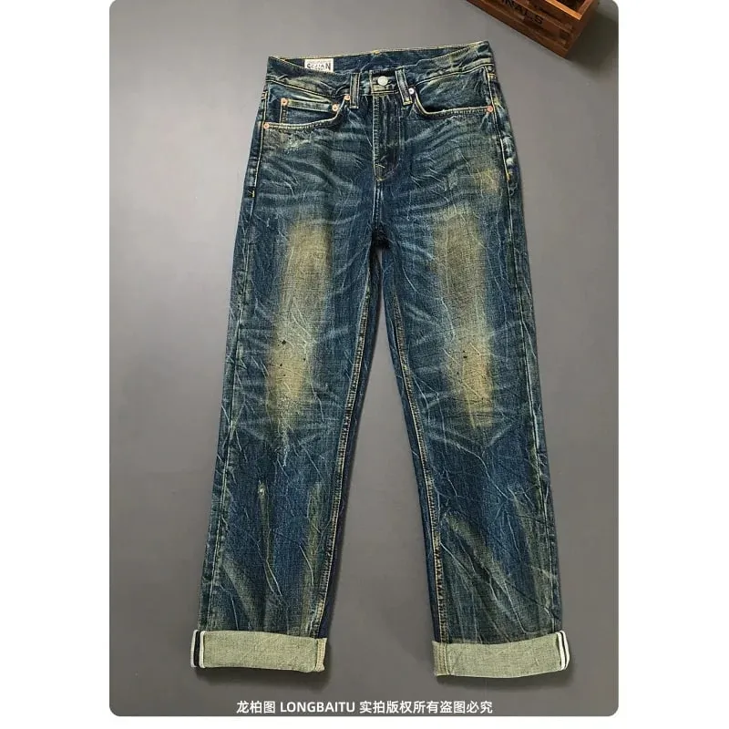 Heavy duty denim pants for men nostalgic trend 2025 new style distressed washed loose straight leg scratch jeans