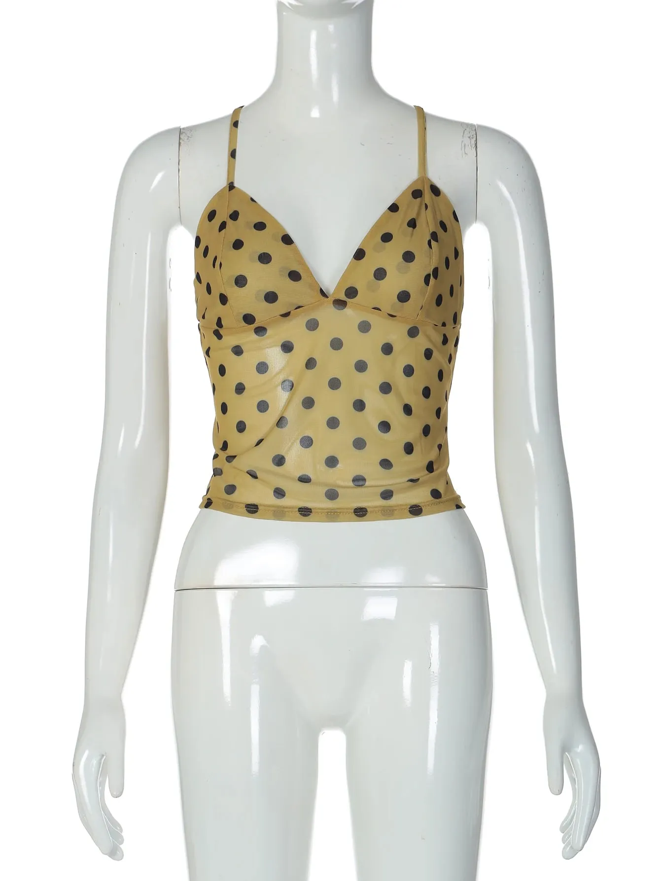 Hugcitar Spot Print V λαιμόκοψη Slips χωρίς πλάτη κορδόνια επάνω Sexy See Through Slim Crop Tank Top Women Fashion Outfit Vacation Party Club