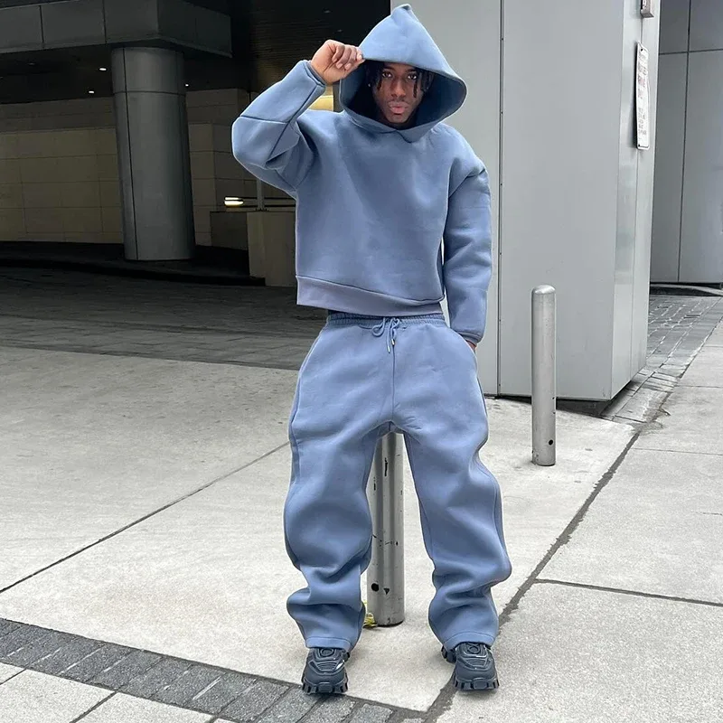 Erkek Sonbahar Yeni 2 Parça Set Rahat Katı çiftin Kapşonlu Kazak Gevşek Sweatpants Koşu Kazak Pantolon Kıyafetler Takım Elbise — image 2