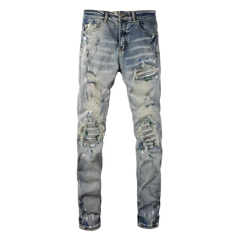 גברים צבועים בגזרת ג'ינס אופנוען ג'ינס Streetwear חורים פצועים טלאים קרעים מכנסיים במצוקה מכנסיים סקיני מחודדים
