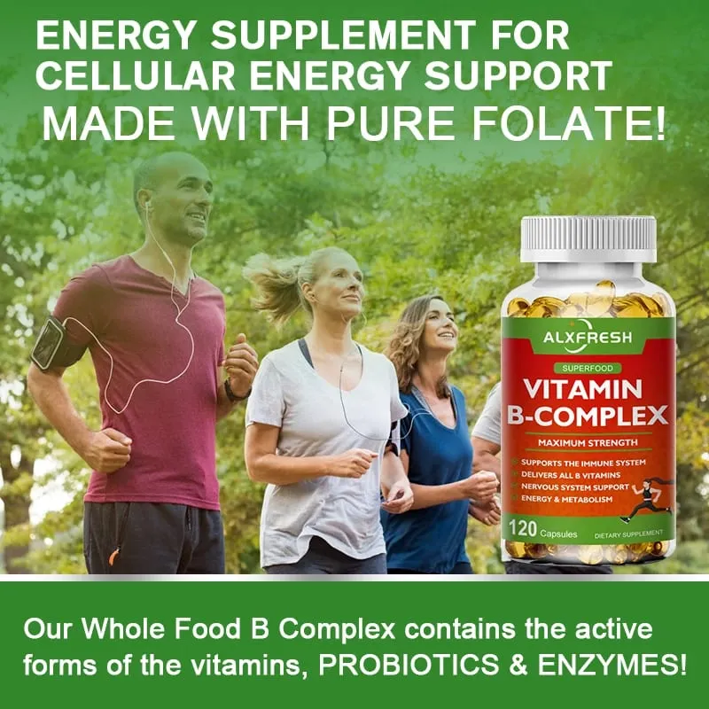 Alxfresh B-Complex Vitamin Supplements (B12 B1 B2 B3 B5 B6 B9 Folic Acid &Biotin) Immune & Energy Support