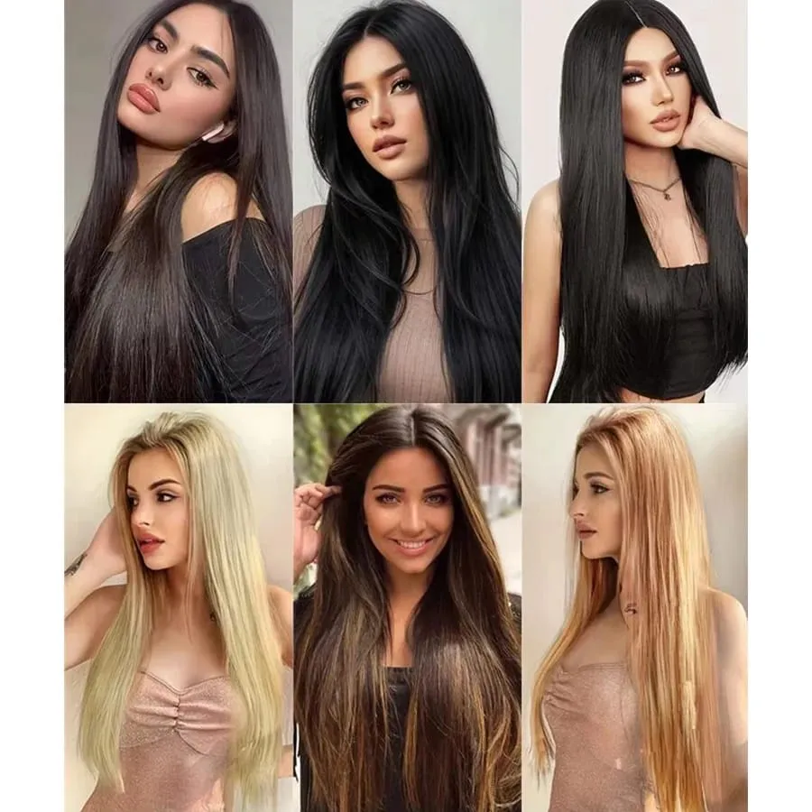 Synthetic Long Straight V-Shaped Half Head Wig Suitable for Women Black Brown Hair Clip Gold Black Brown Natural Wig