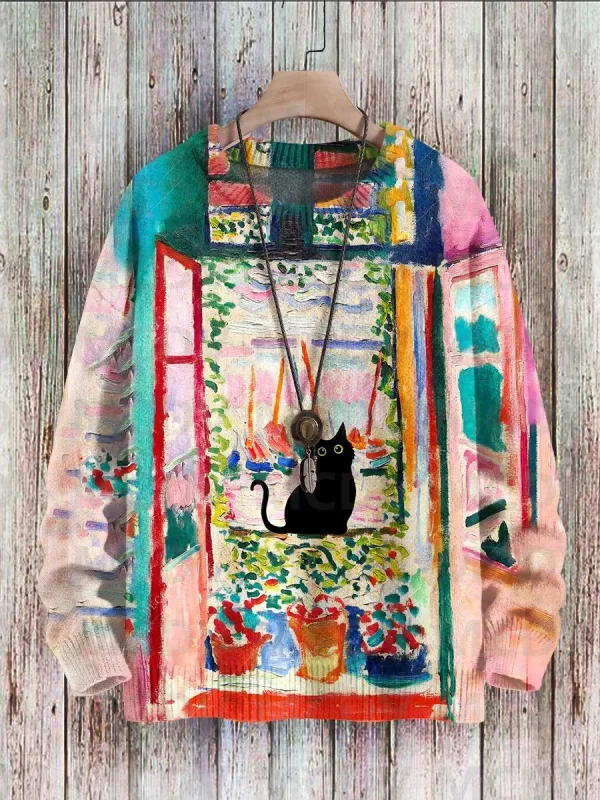 Niedlicher schwarzer Katzen-Blumen-Vögel-Kunstmuster-Druck, lässiger Strickpullover, klassischer Pullover für Herren und Damen